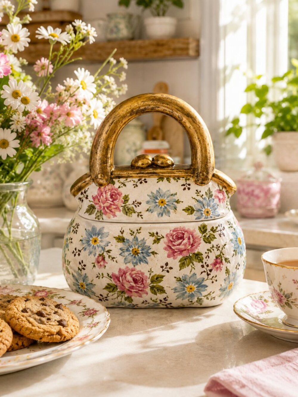 Purse Cookie Jar Floral Ceramic Handbag Storage Cottagecore Statement Decor